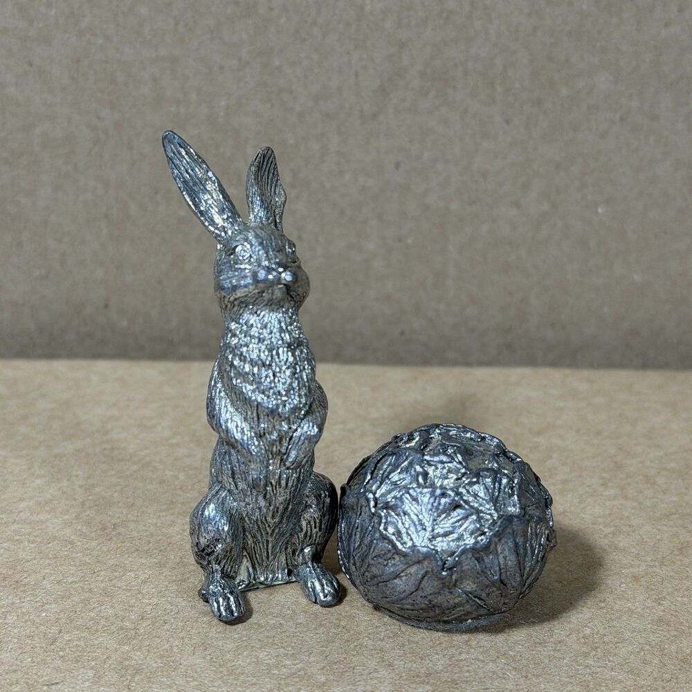 Vintage Pewter Bunny Rabbit 2" & Cabbage Figurines